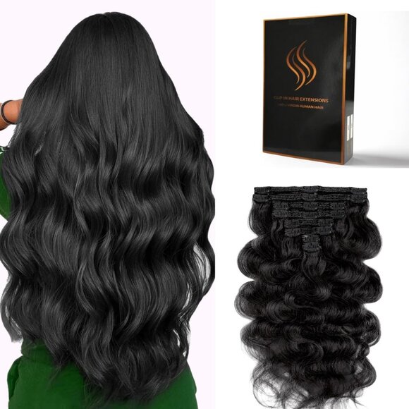 Other - Clip in Hair Extensions Human Hair Wavy 16 Inch Black 8pcs 18 Clips